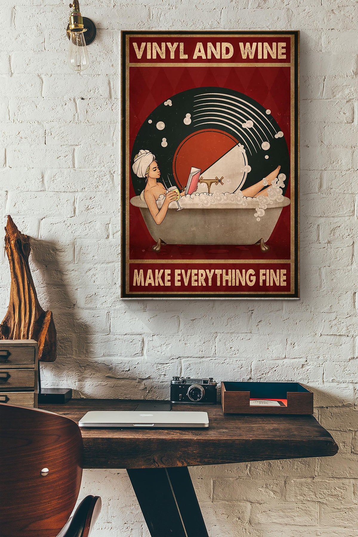 Vinyl And White Wine Make Everything Fine Girl Reading Book And Taking Shower Canvas Ideas, Canvas Hanging Prints,  Gift Idea Framed Prints, Canvas