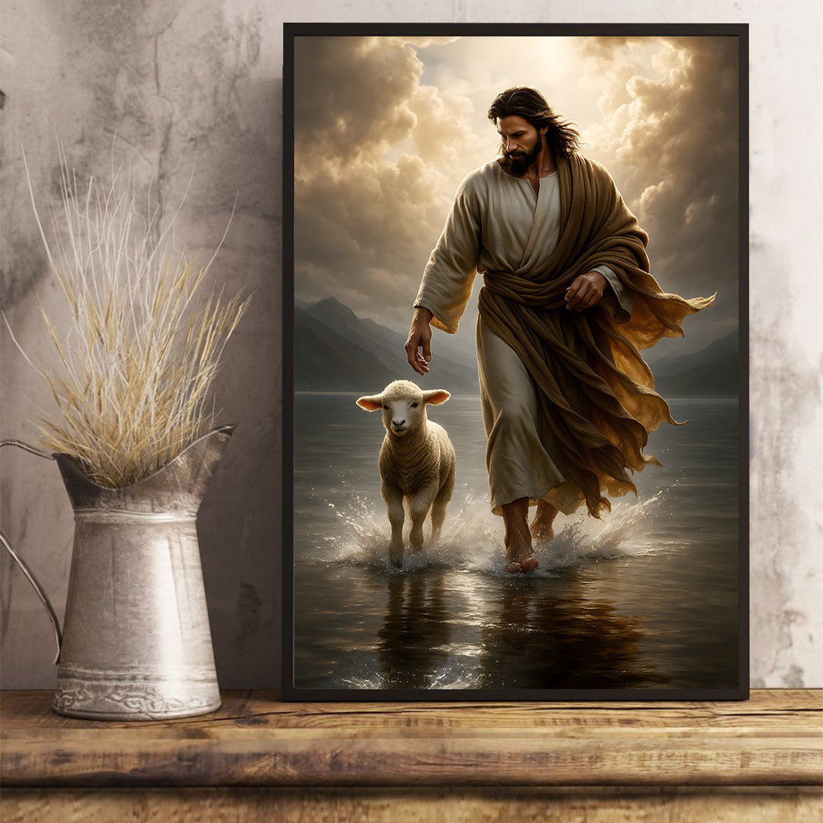 Jesus with Lamb Christian Canvas Print, Christian Home Decor, Faith Gift for Family & Friends