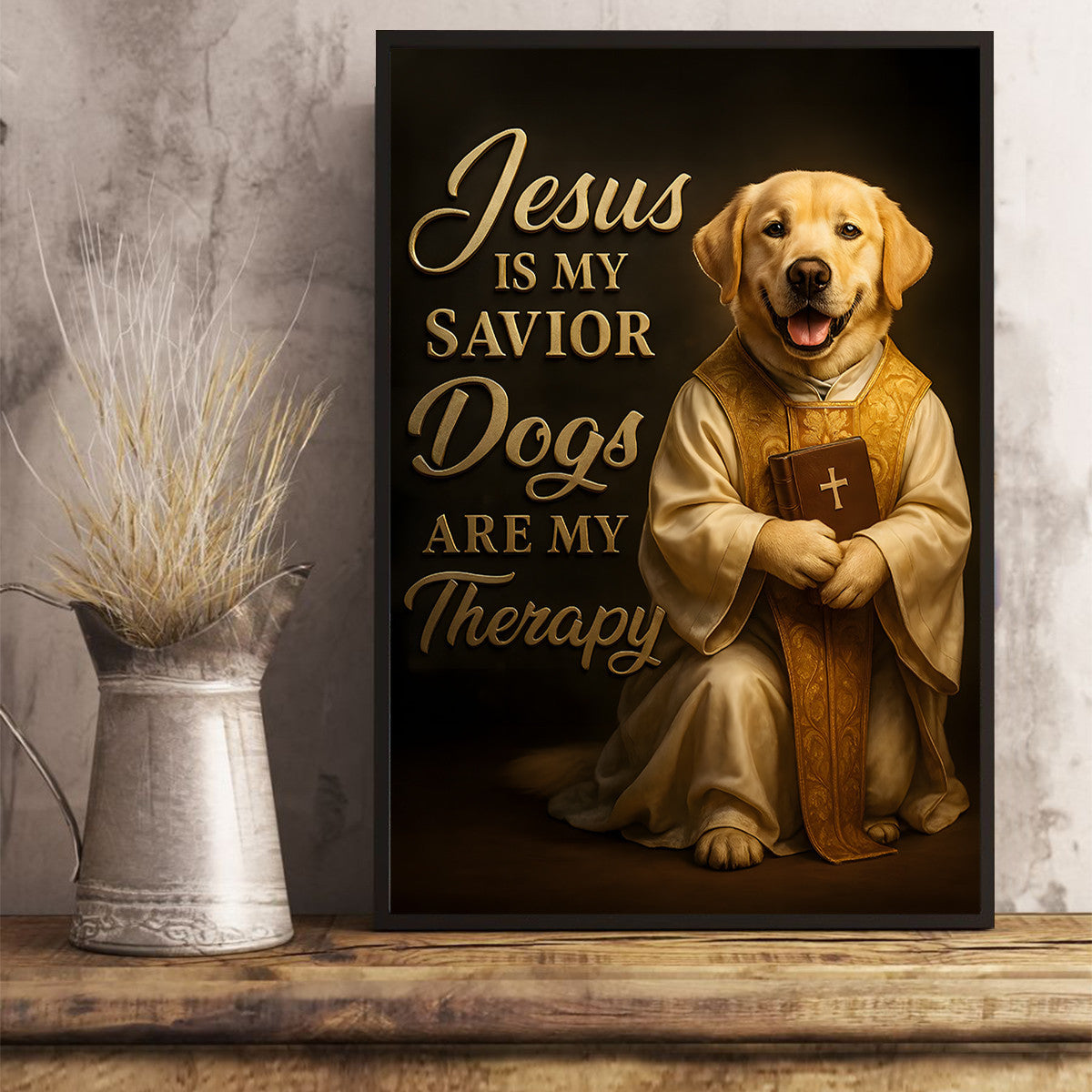 Jesus Is My Savior Dogs Are My Therapy Canvas Wall Art, Funny Christian Wall Decoration, Unique Gift for Dog-Loving Christians