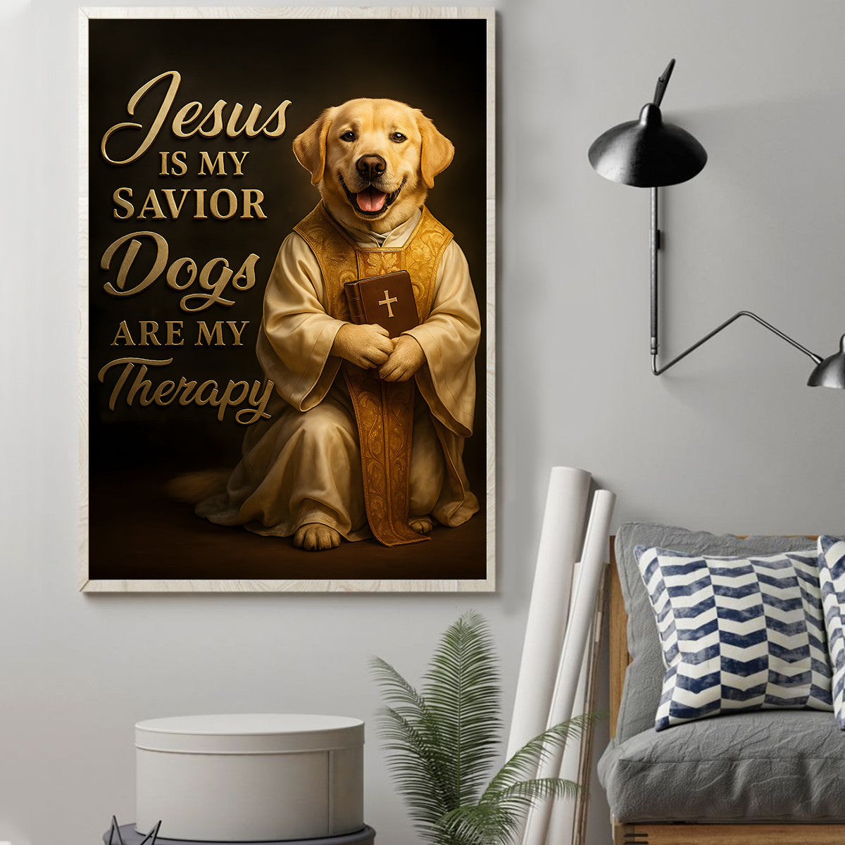 Jesus Is My Savior Dogs Are My Therapy Canvas Wall Art, Funny Christian Wall Decoration, Unique Gift for Dog-Loving Christians