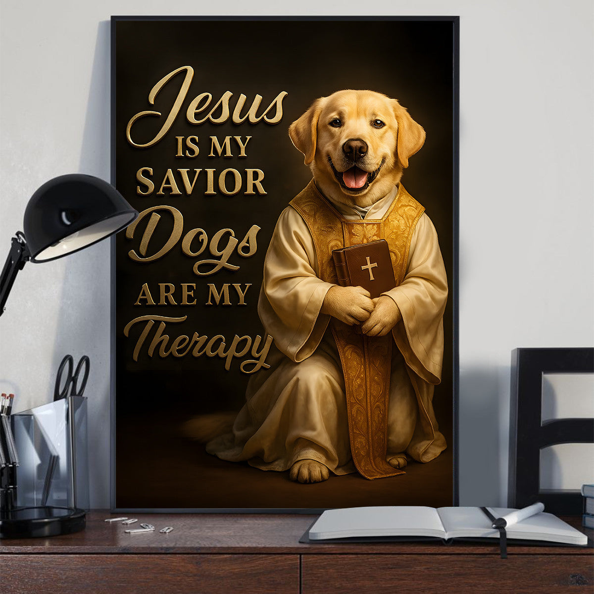 Jesus Is My Savior Dogs Are My Therapy Canvas Wall Art, Funny Christian Wall Decoration, Unique Gift for Dog-Loving Christians