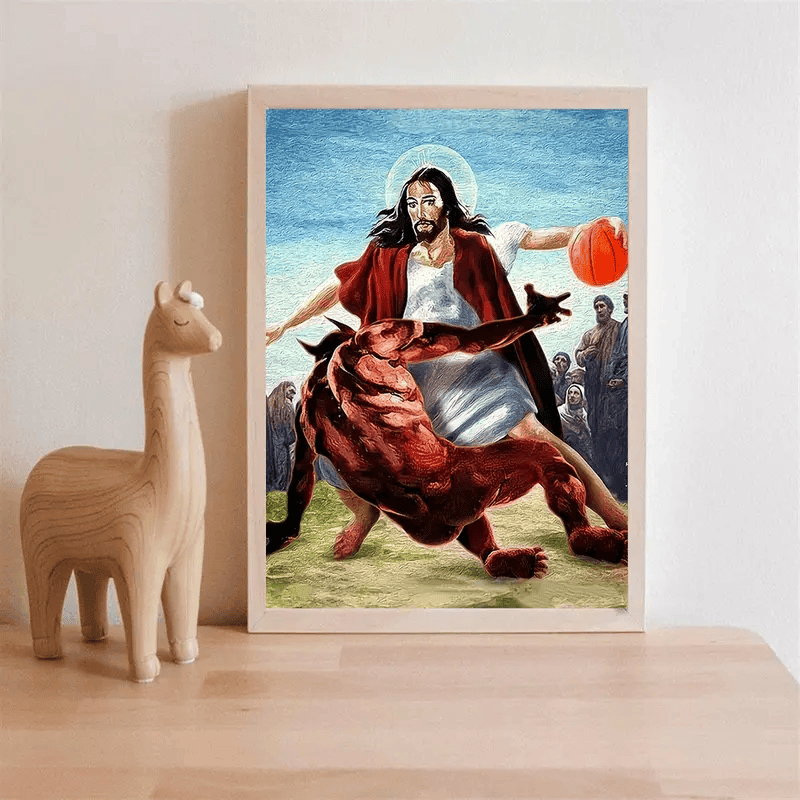 Jesus Canvas, Funny Christian Wall Art, Basketball Jesus Poster, Religious Humor Decor, Christian Gift