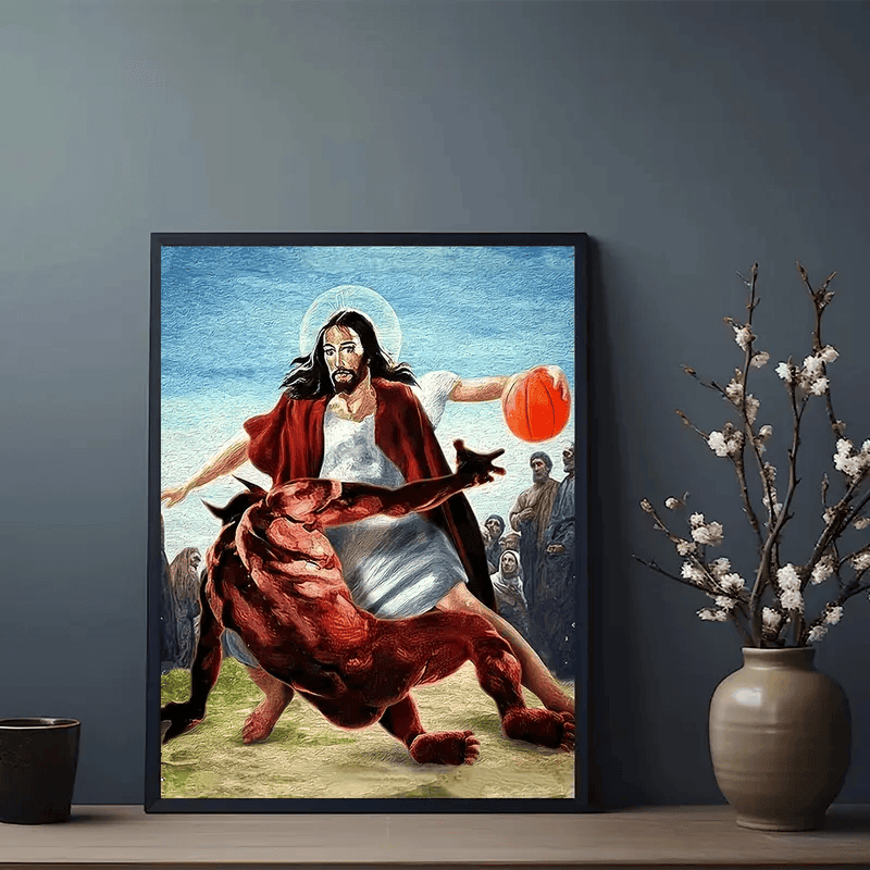 Jesus Canvas, Funny Christian Wall Art, Basketball Jesus Poster, Religious Humor Decor, Christian Gift