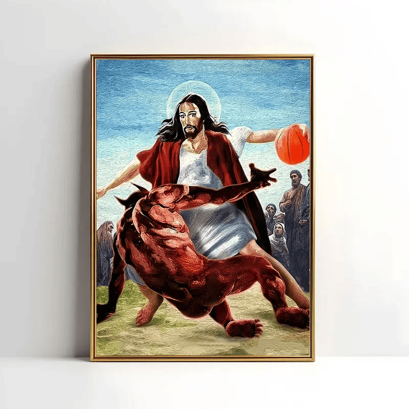Jesus Canvas, Funny Christian Wall Art, Basketball Jesus Poster, Religious Humor Decor, Christian Gift