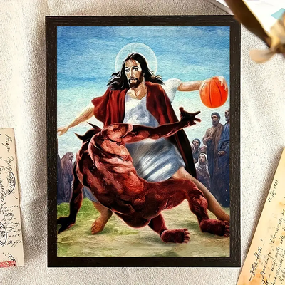 Jesus Canvas, Funny Christian Wall Art, Basketball Jesus Poster, Religious Humor Decor, Christian Gift