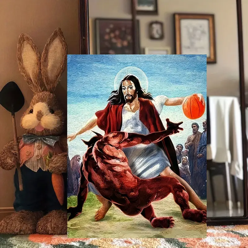 Jesus Canvas, Funny Christian Wall Art, Basketball Jesus Poster, Religious Humor Decor, Christian Gift