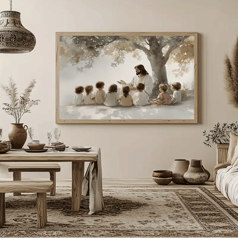 Jesus with Children Canvas Wall Art Christian Bible Verse Print Religious Home Decor Sunday School Teaching Gift for Living Room Church