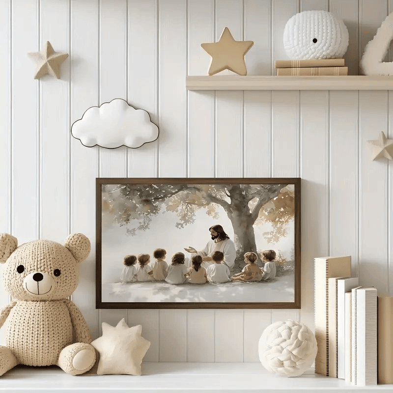 Jesus with Children Canvas Wall Art Christian Bible Verse Print Religious Home Decor Sunday School Teaching Gift for Living Room Church