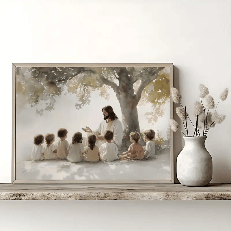 Jesus with Children Canvas Wall Art Christian Bible Verse Print Religious Home Decor Sunday School Teaching Gift for Living Room Church