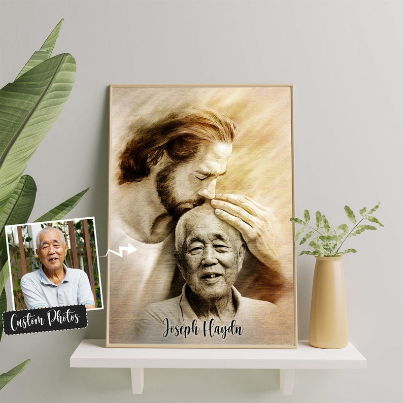Custom Jesus Hug Portrait, Personalized Photo with Jesus Canvas, Memorial Christian Gift for Loss of Loved One, Faith Wall Art