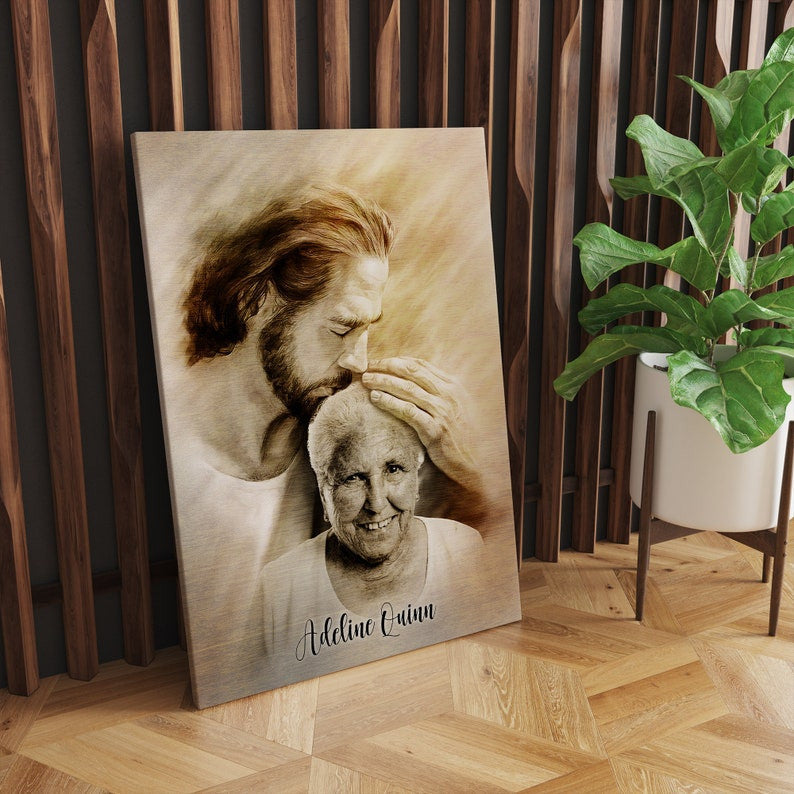 Custom Jesus Hug Portrait, Personalized Photo with Jesus Canvas, Memorial Christian Gift for Loss of Loved One, Faith Wall Art