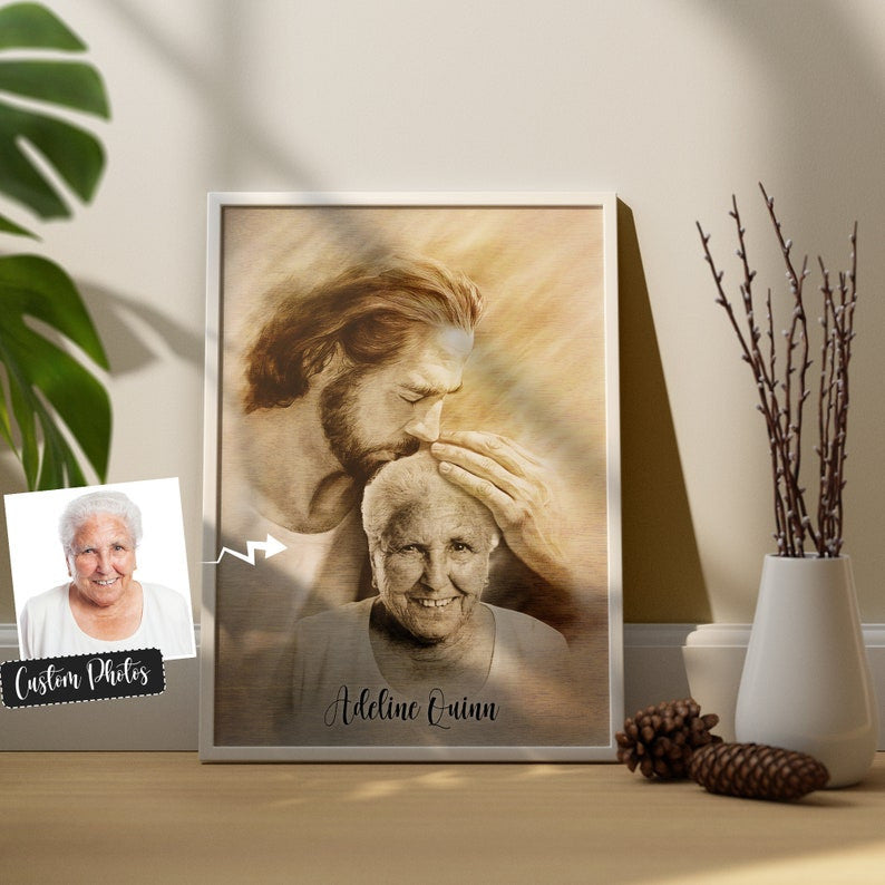 Custom Jesus Hug Portrait, Personalized Photo with Jesus Canvas, Memorial Christian Gift for Loss of Loved One, Faith Wall Art