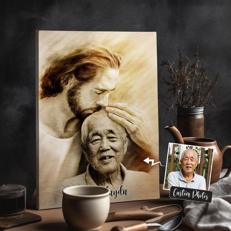Custom Jesus Hug Portrait, Personalized Photo with Jesus Canvas, Memorial Christian Gift for Loss of Loved One, Faith Wall Art