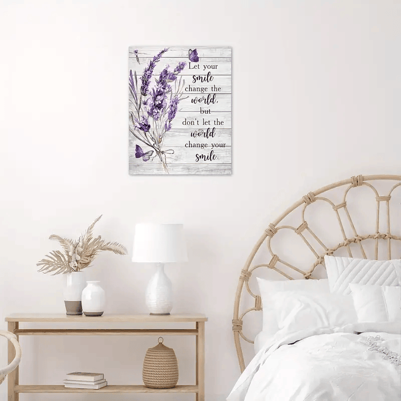 Let Your Smile Change The World Wall Art, Inspirational Quote Canvas, Lavender Flower Butterfly Farmhouse Decor