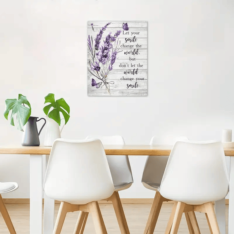 Let Your Smile Change The World Wall Art, Inspirational Quote Canvas, Lavender Flower Butterfly Farmhouse Decor