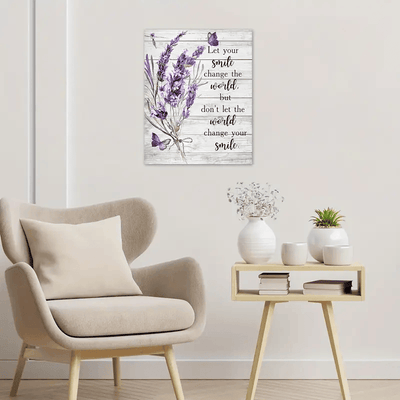 Let Your Smile Change The World Wall Art, Inspirational Quote Canvas, Lavender Flower Butterfly Farmhouse Decor