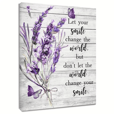 Let Your Smile Change The World Wall Art, Inspirational Quote Canvas, Lavender Flower Butterfly Farmhouse Decor
