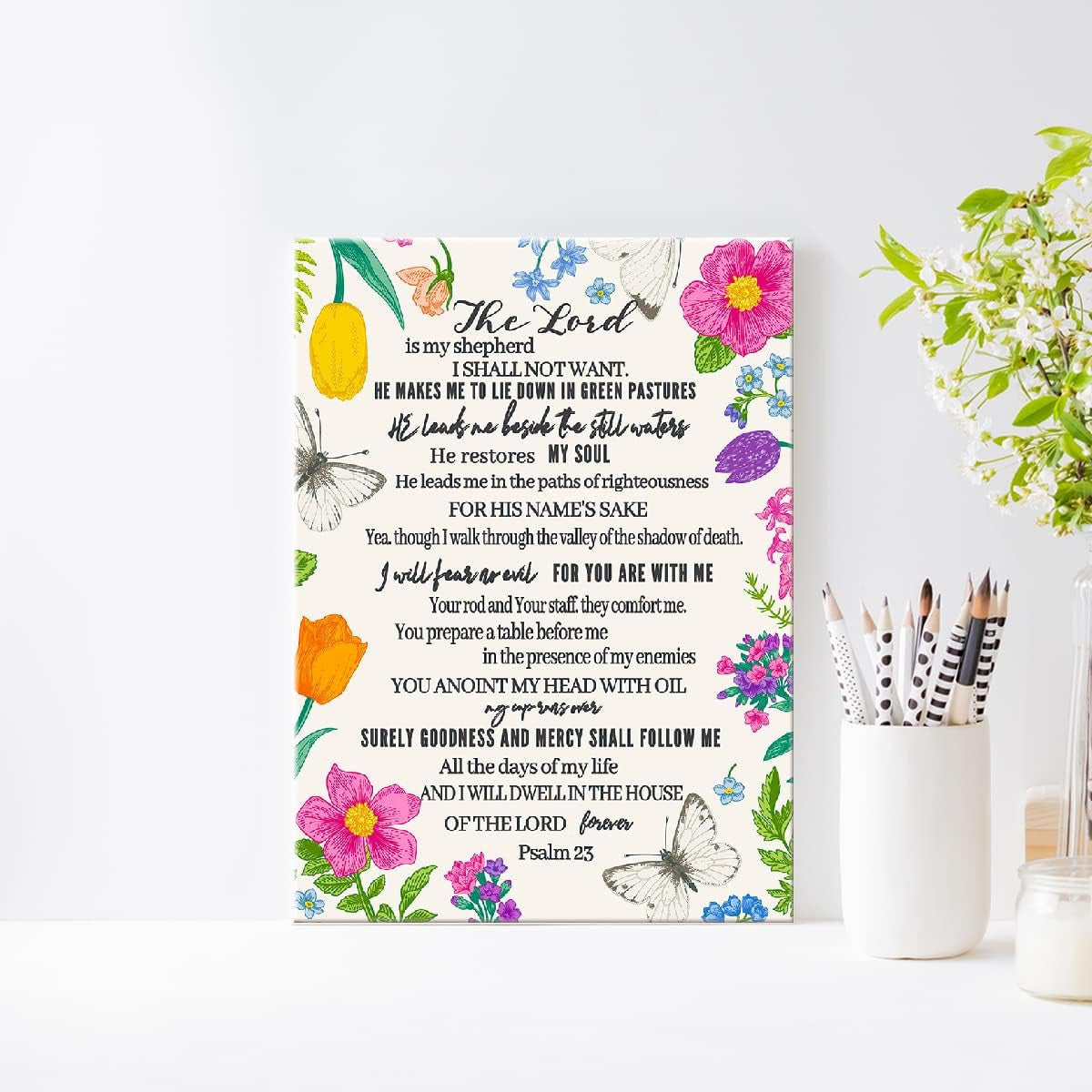 The Lord Is My Shepherd Canvas, Psalm 23 Bible Verse Wall Art, Christian Floral Decor, Faith and Butterfly Scripture Gift