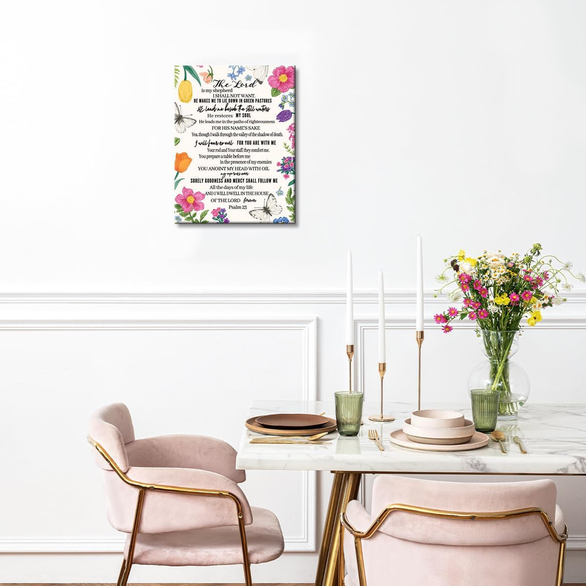 The Lord Is My Shepherd Canvas, Psalm 23 Bible Verse Wall Art, Christian Floral Decor, Faith and Butterfly Scripture Gift