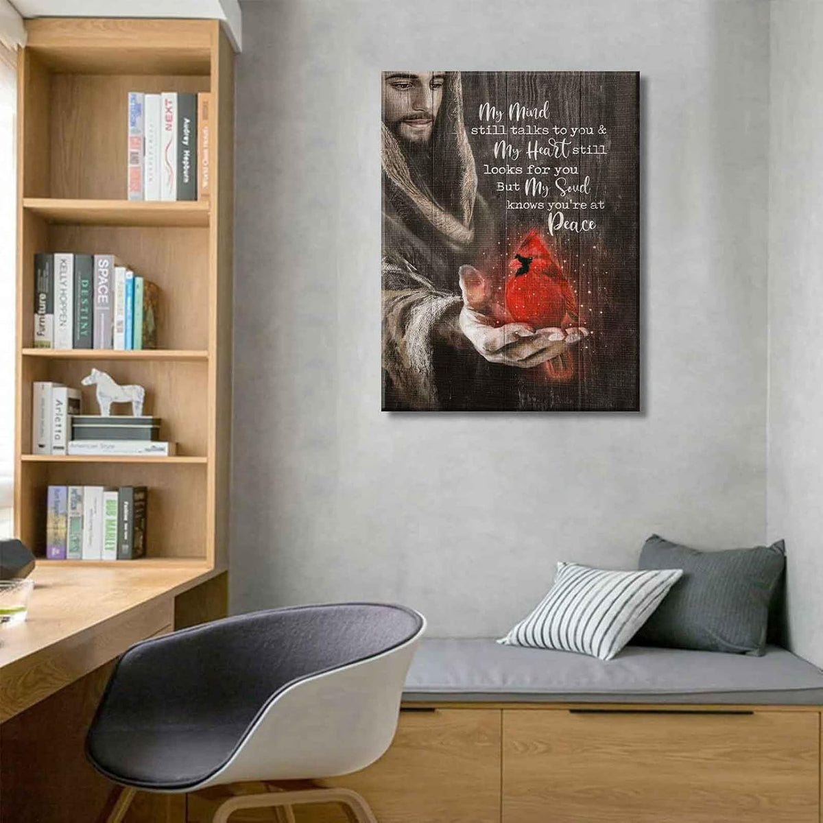 Jesus and Red Cardinal Memorial Wall Art, Sympathy Gift for Loss, Comforting Christian Decor with My Mind Still Talks to You Quote