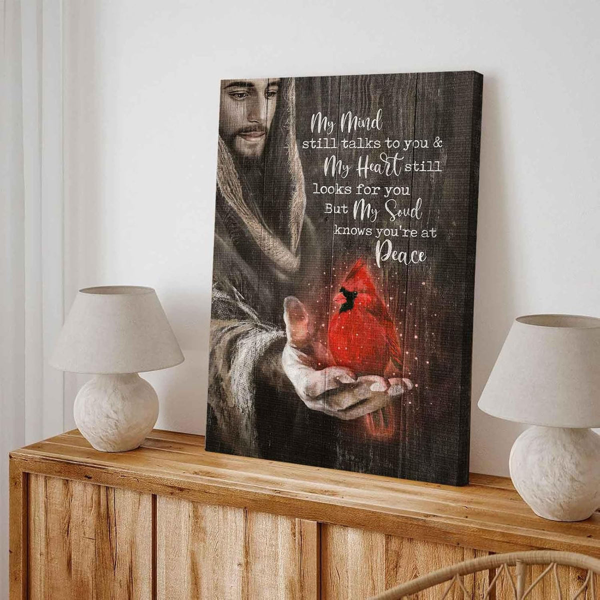 Jesus and Red Cardinal Memorial Wall Art, Sympathy Gift for Loss, Comforting Christian Decor with My Mind Still Talks to You Quote