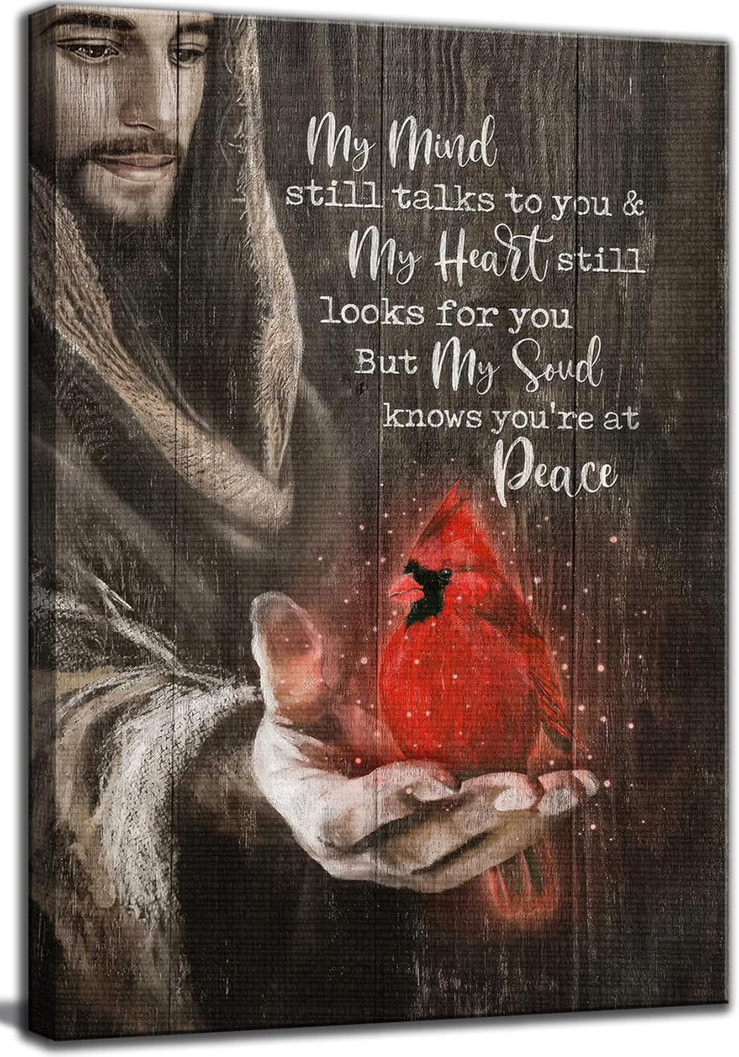 Jesus and Red Cardinal Memorial Wall Art, Sympathy Gift for Loss, Comforting Christian Decor with My Mind Still Talks to You Quote