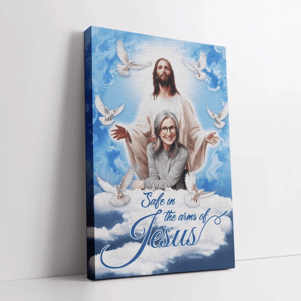 Custom Memorial Canvas, Safe in the Arms of Jesus, Personalized Heaven Tribute Gift for Loss of Loved One, Christian Sympathy Wall Art
