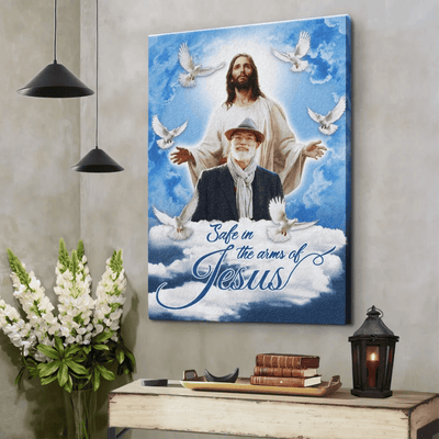 Custom Memorial Canvas, Safe in the Arms of Jesus, Personalized Heaven Tribute Gift for Loss of Loved One, Christian Sympathy Wall Art