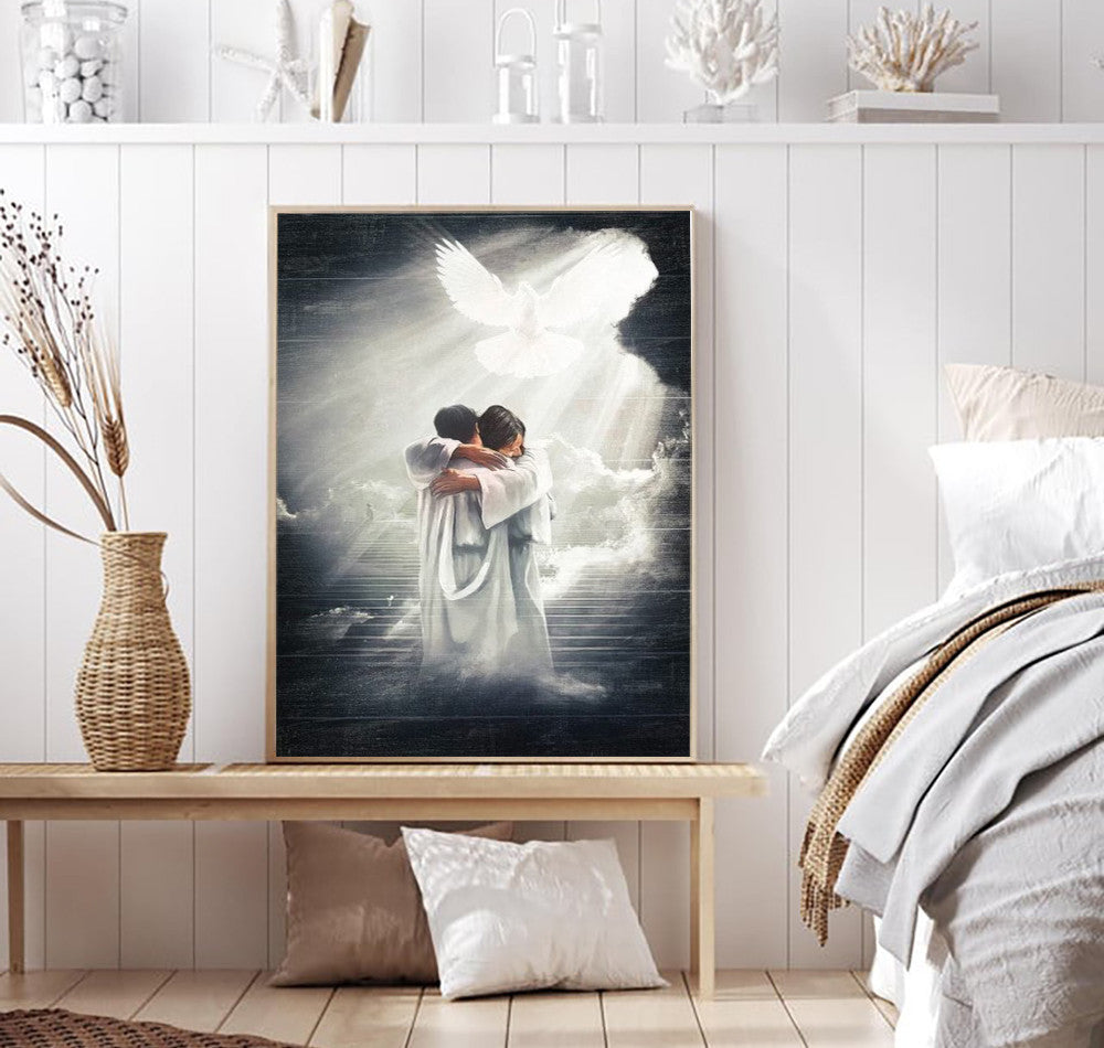 Welcome to Heaven Canvas, Jesus Embrace Art Print, Christian Memorial Wall Decor, Sympathy Gift for Loss, Inspirational Religious Artwork