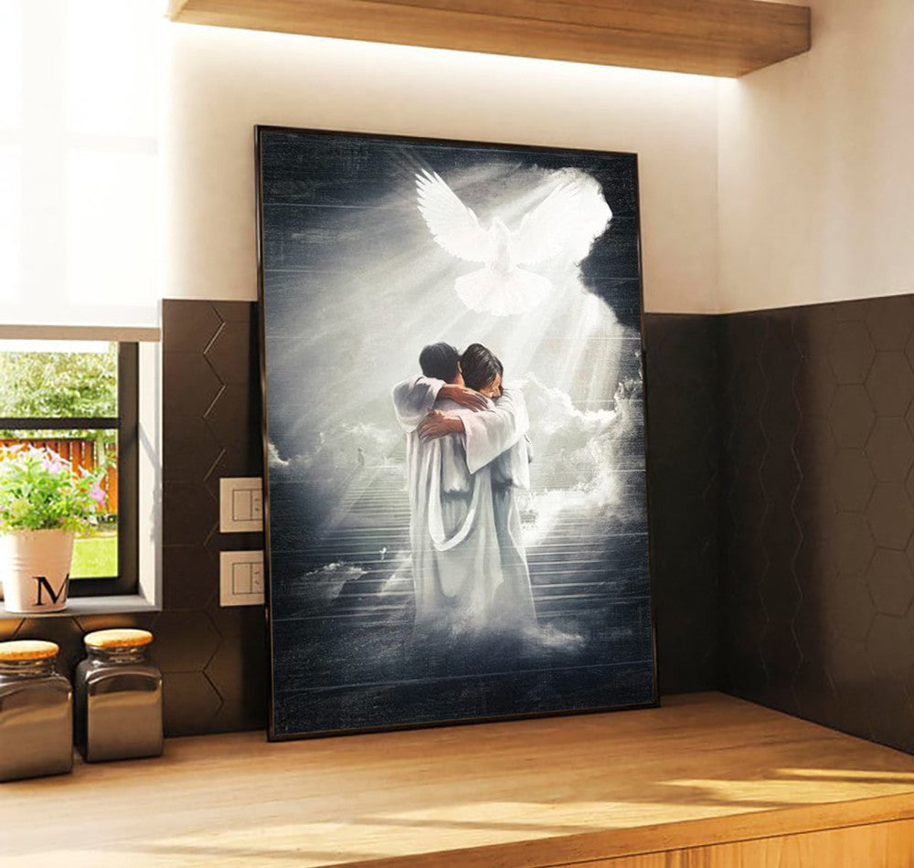 Welcome to Heaven Canvas, Jesus Embrace Art Print, Christian Memorial Wall Decor, Sympathy Gift for Loss, Inspirational Religious Artwork