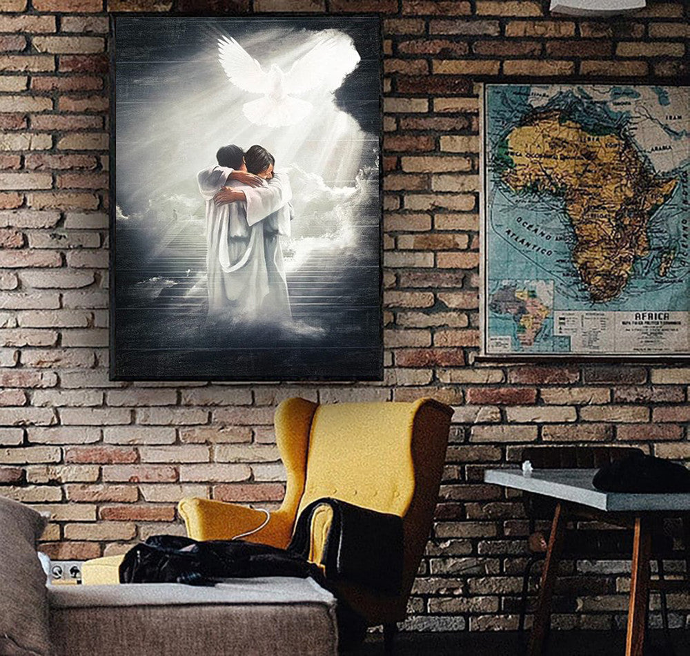 Welcome to Heaven Canvas, Jesus Embrace Art Print, Christian Memorial Wall Decor, Sympathy Gift for Loss, Inspirational Religious Artwork