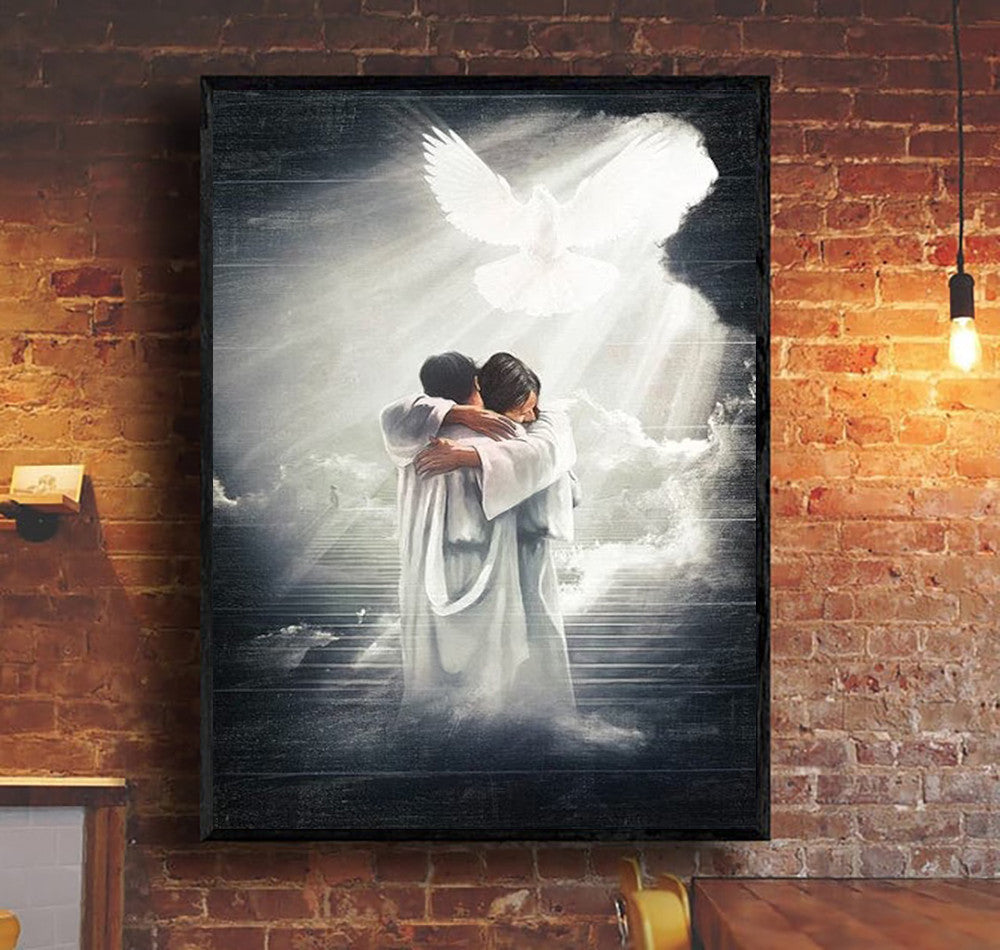 Welcome to Heaven Canvas, Jesus Embrace Art Print, Christian Memorial Wall Decor, Sympathy Gift for Loss, Inspirational Religious Artwork