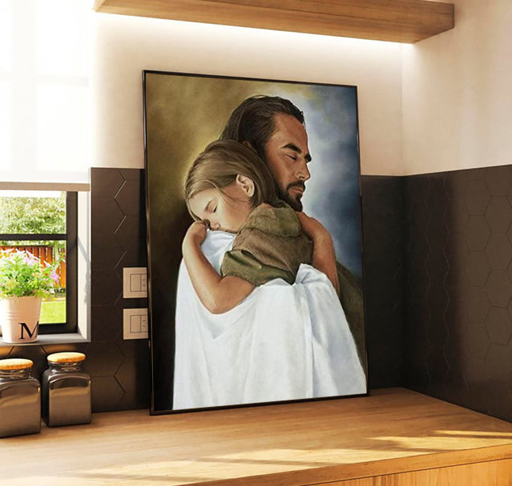 Jesus Hugging Little Girl Canvas, Christian Wall Art Bringing Peace, Comfort & Hope, Inspiring Home Decor Gift for Believers