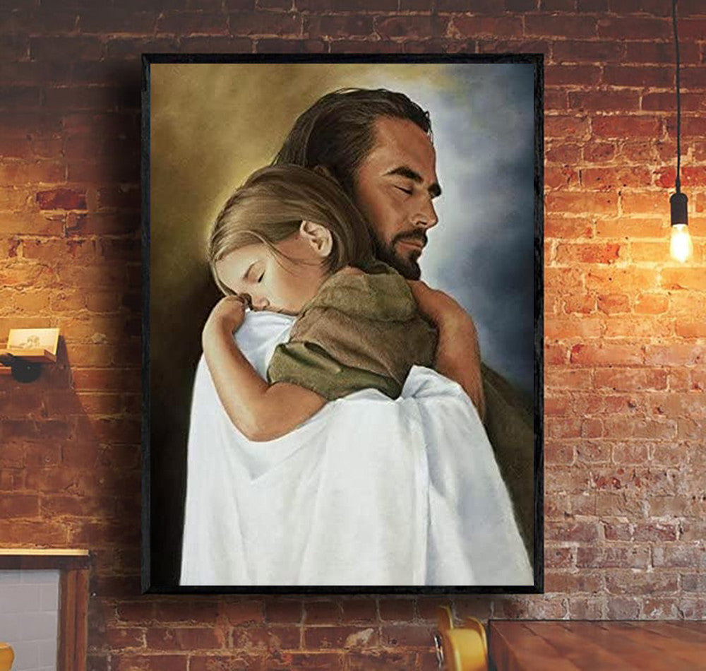 Jesus Hugging Little Girl Canvas, Christian Wall Art Bringing Peace, Comfort & Hope, Inspiring Home Decor Gift for Believers