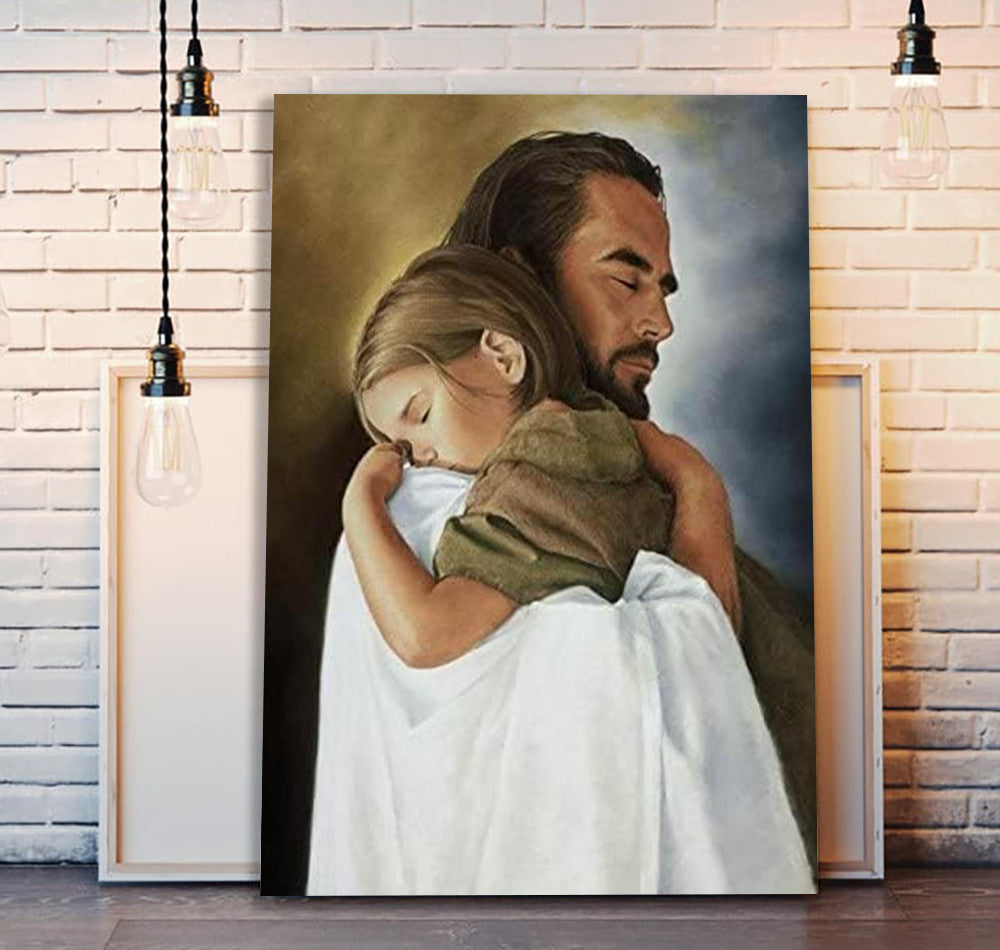 Jesus Hugging Little Girl Canvas, Christian Wall Art Bringing Peace, Comfort & Hope, Inspiring Home Decor Gift for Believers