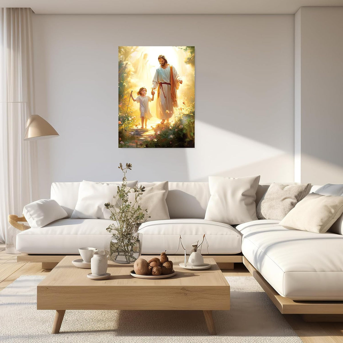 Jesus Walking With Little Girl Canvas, Inspirational Christian Wall Art Bringing Peace, Guidance & Light, Faith Home Decor Gift