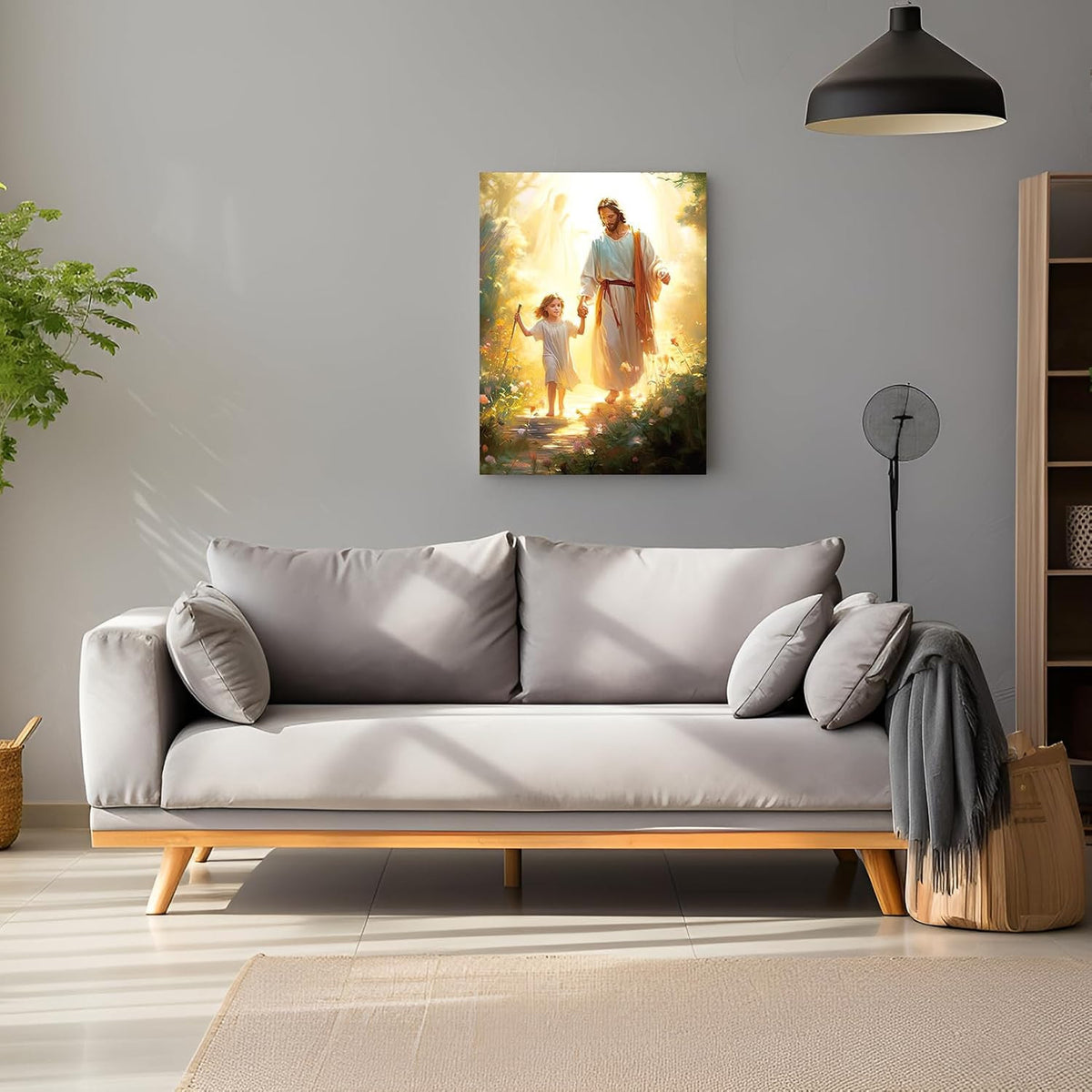 Jesus Walking With Little Girl Canvas, Inspirational Christian Wall Art Bringing Peace, Guidance & Light, Faith Home Decor Gift