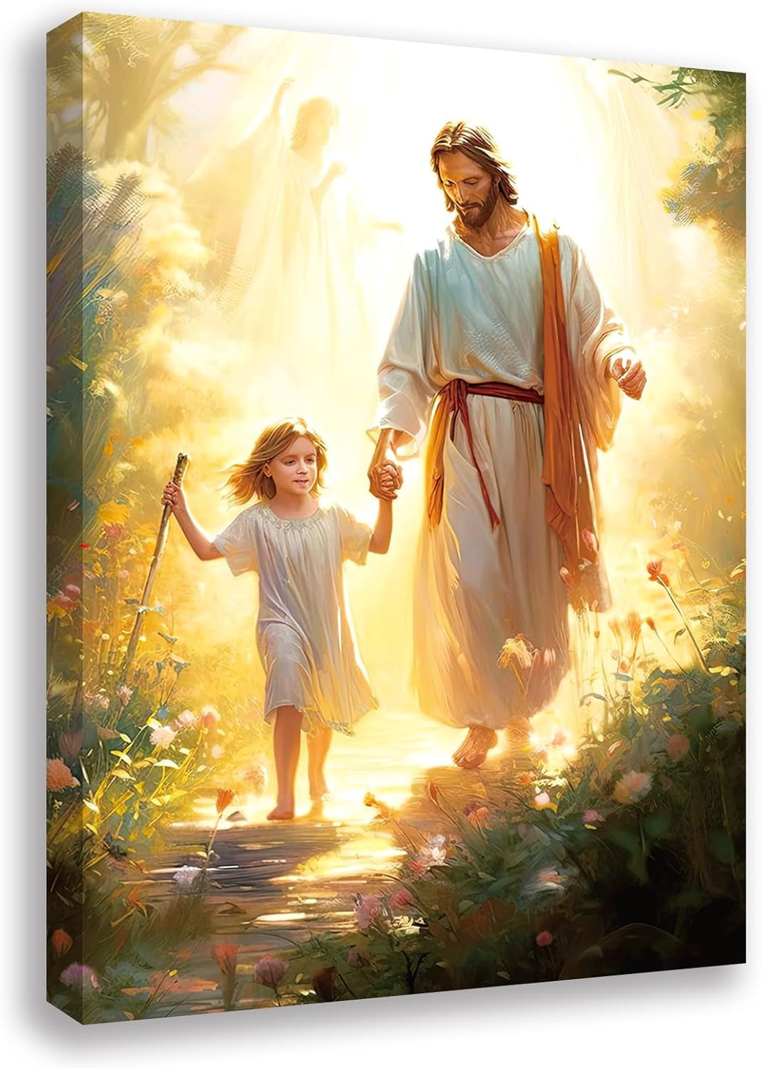 Jesus Walking With Little Girl Canvas, Inspirational Christian Wall Art Bringing Peace, Guidance & Light, Faith Home Decor Gift