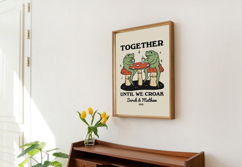 Personalized Couple Print, Custom Frog Illustration, Anniversary Engagement Valentines Gift Idea, Cute Wall decor, Retro Aesthetic