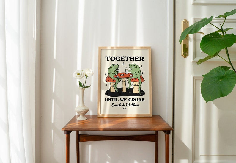Personalized Couple Print, Custom Frog Illustration, Anniversary Engagement Valentines Gift Idea, Cute Wall decor, Retro Aesthetic