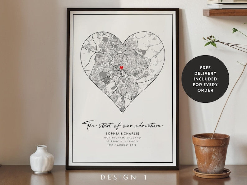 Personalized Couple Map Print Canvas - Engagement, Valentine's Day Gift Canvas Home Decor Gift Idea For Him Her