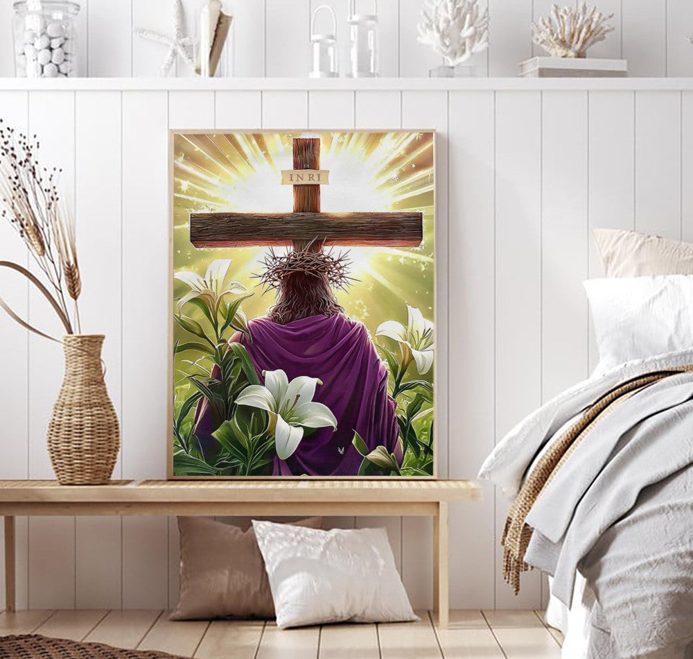 Jesus Cross Resurrection Canvas Wall Art, Christ with Crown of Thorns Painting, Easter Christian Decor, Faith Religious Artwork
