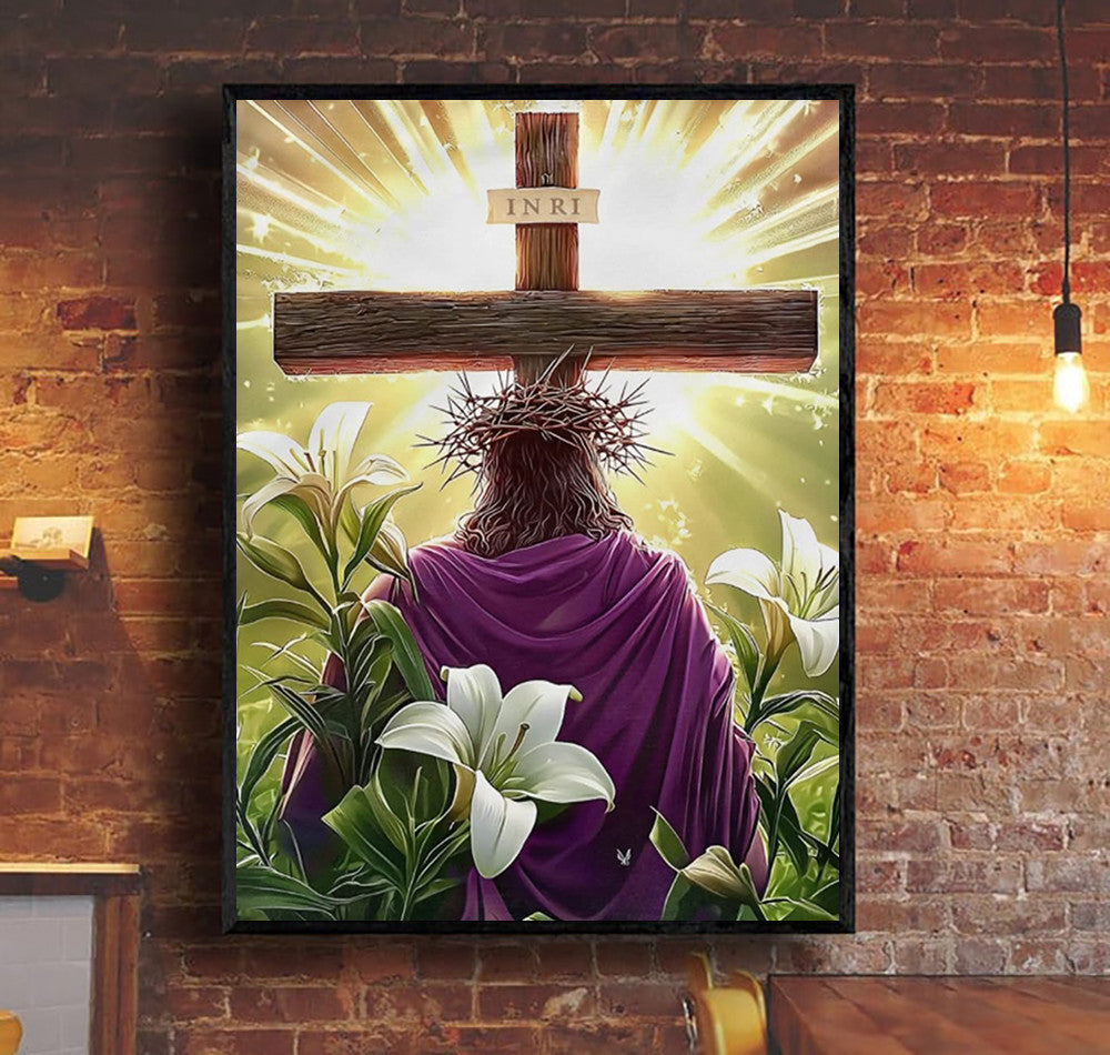 Jesus Cross Resurrection Canvas Wall Art, Christ with Crown of Thorns Painting, Easter Christian Decor, Faith Religious Artwork