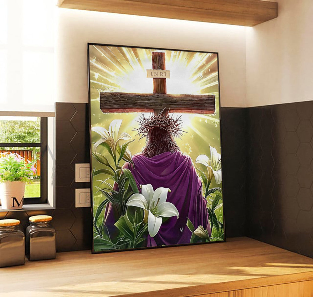 Jesus Cross Resurrection Canvas Wall Art, Christ with Crown of Thorns Painting, Easter Christian Decor, Faith Religious Artwork