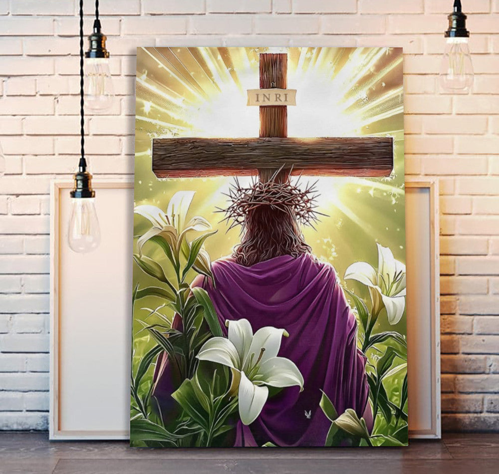 Jesus Cross Resurrection Canvas Wall Art, Christ with Crown of Thorns Painting, Easter Christian Decor, Faith Religious Artwork
