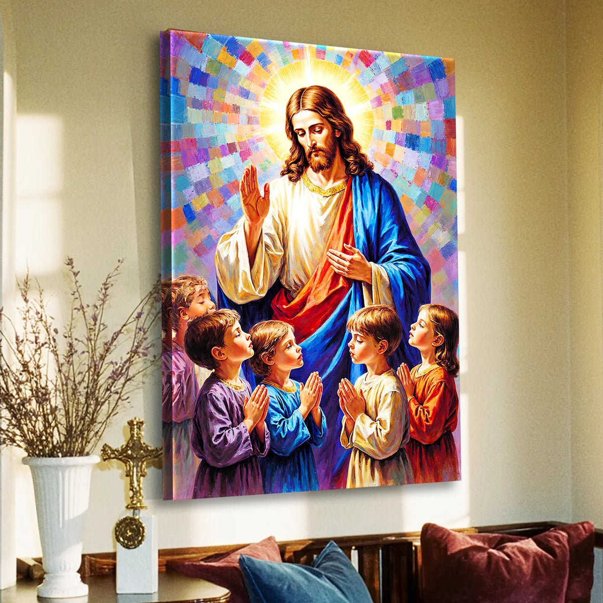 Jesus Blessing Children Canvas Wall Art, Christ with Kids Painting, Christian Family Decor, Religious Artwork Gift for Home