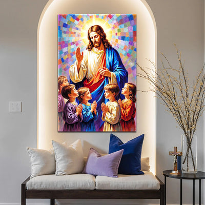 Jesus Blessing Children Canvas Wall Art, Christ with Kids Painting, Christian Family Decor, Religious Artwork Gift for Home