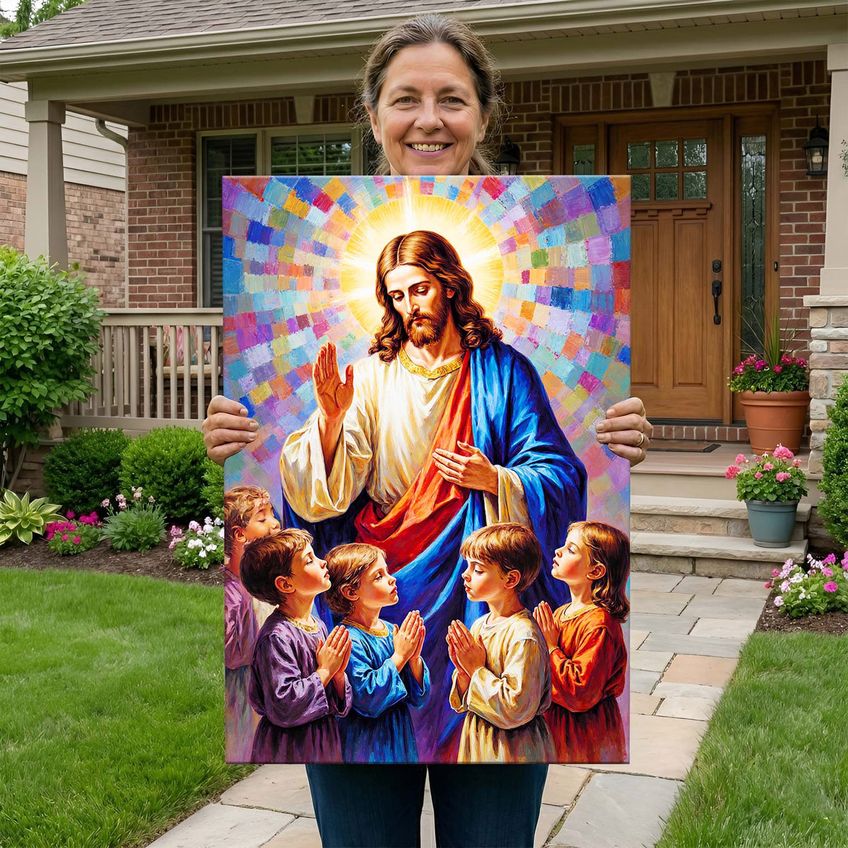 Jesus Blessing Children Canvas Wall Art, Christ with Kids Painting, Christian Family Decor, Religious Artwork Gift for Home