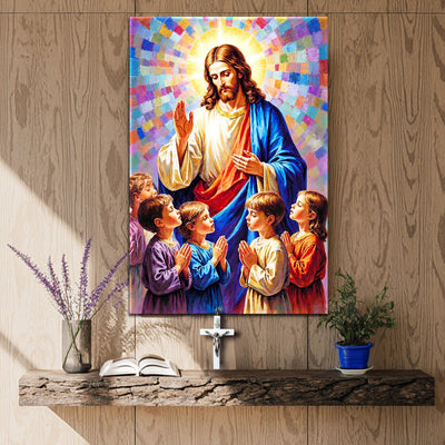 Jesus Blessing Children Canvas Wall Art, Christ with Kids Painting, Christian Family Decor, Religious Artwork Gift for Home