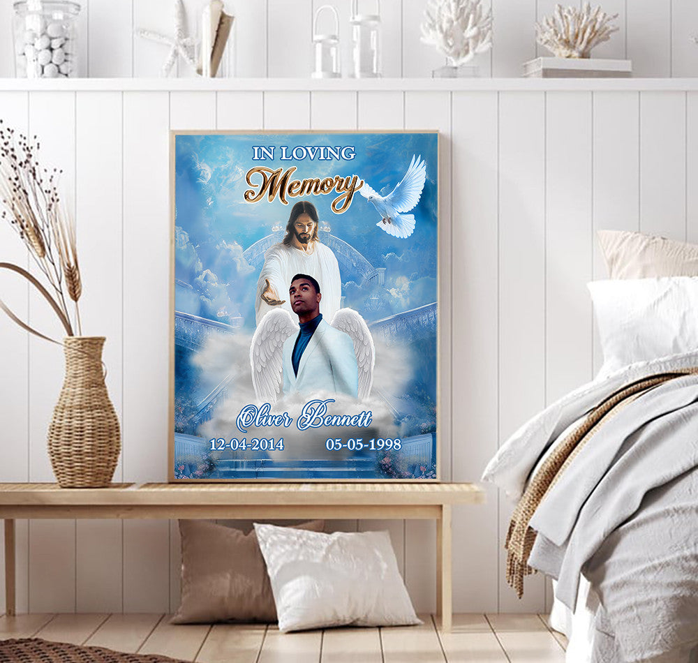 In Loving Memory Personalized Memorial Wall Art, Jesus Welcoming Loved One, Custom Christian Canvas, Sympathy Gift, Funeral Remembrance